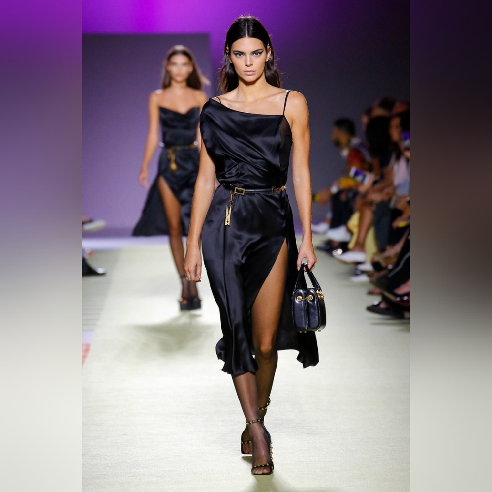 Versace Black Silk Satin Draped Dress Asymmetric with Slit